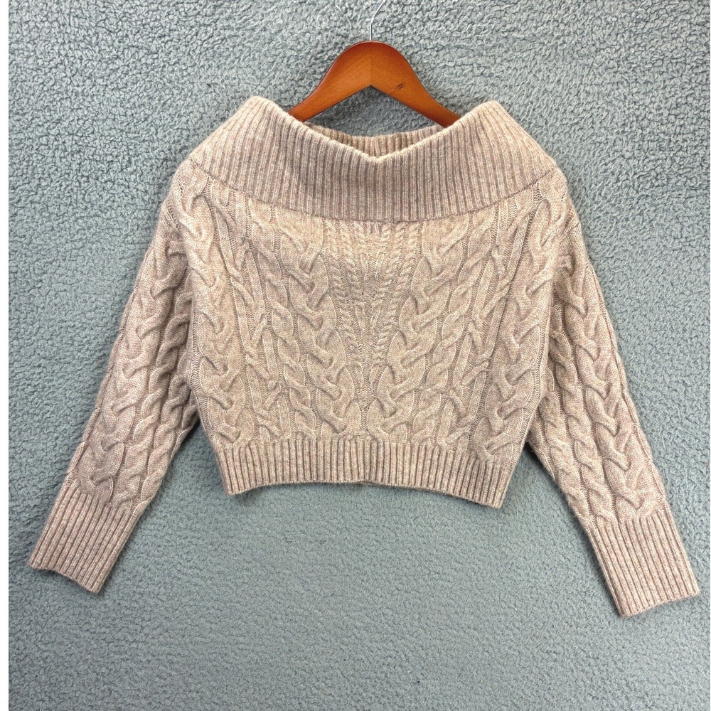 Express Cable Knit Cropped Pullover Sweater Womens XS Beige Off Shoulder Cozy